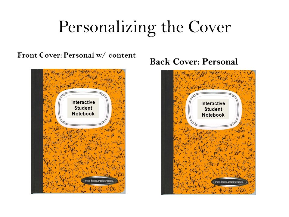 Personalizing the Cover Front Cover: Personal w/ content Back Cover: Personal Interactive Student Notebook Interactive Student Notebook
