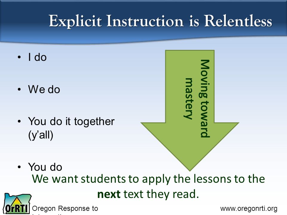 Oregon Response to Intervention   Explicit Instruction is Relentless We want students to apply the lessons to the next text they read.