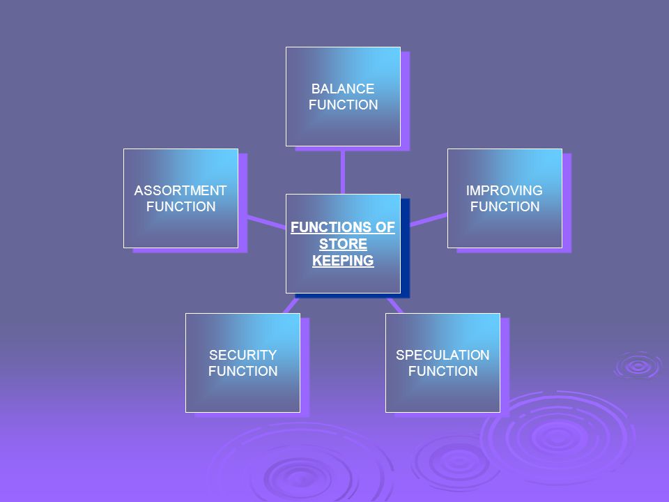 FUNCTIONS OF STORE KEEPING BALANCE FUNCTION IMPROVING FUNCTION SPECULATION FUNCTION SECURITY FUNCTION ASSORTMENT FUNCTION