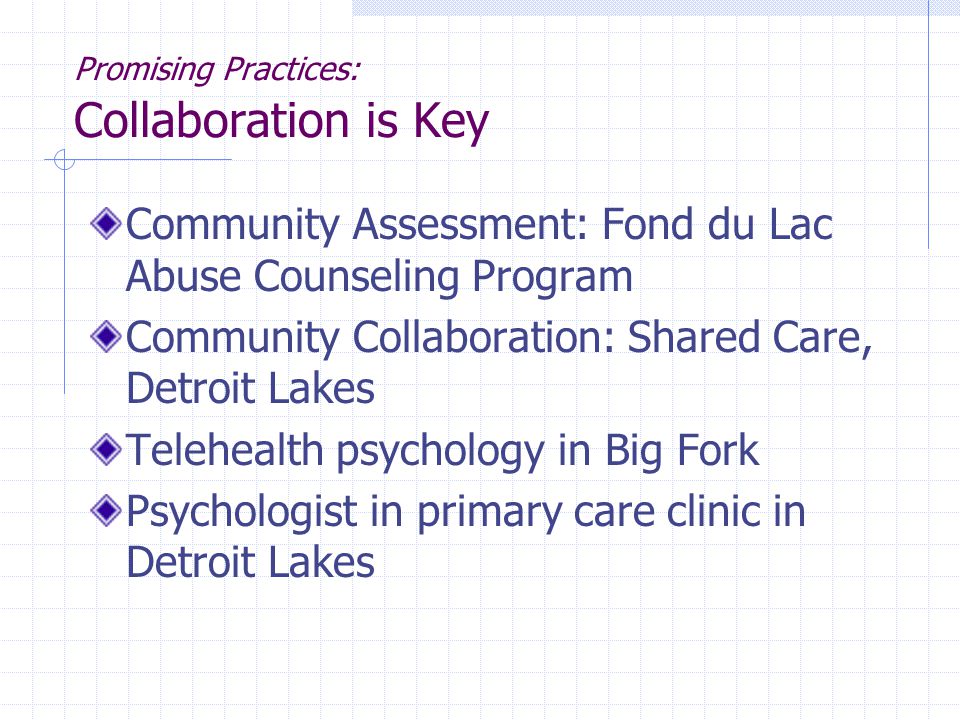 Promising Practices: Collaboration is Key Community Assessment: Fond du Lac Abuse Counseling Program Community Collaboration: Shared Care, Detroit Lakes Telehealth psychology in Big Fork Psychologist in primary care clinic in Detroit Lakes