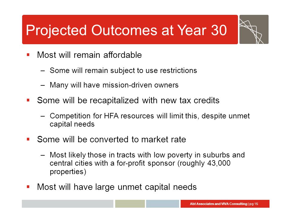 Abt Associates and VIVA Consulting | pg 15 Projected Outcomes at Year 30  Most will remain affordable –Some will remain subject to use restrictions –Many will have mission-driven owners  Some will be recapitalized with new tax credits –Competition for HFA resources will limit this, despite unmet capital needs  Some will be converted to market rate –Most likely those in tracts with low poverty in suburbs and central cities with a for-profit sponsor (roughly 43,000 properties)  Most will have large unmet capital needs