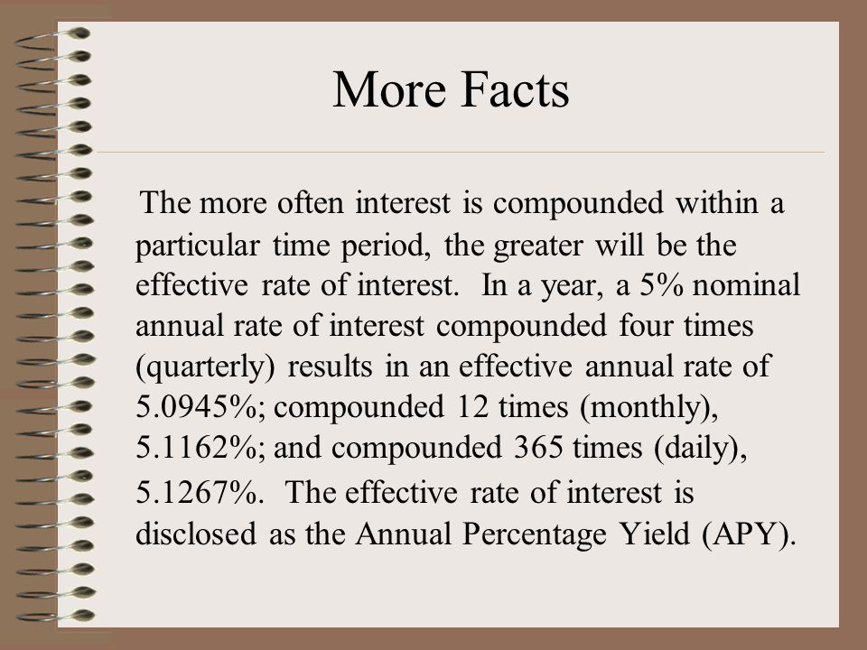 More Facts The more often interest is compounded within a particular time period, the greater will be the effective rate of interest.