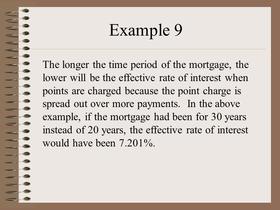 Example 9 The longer the time period of the mortgage, the lower will be the effective rate of interest when points are charged because the point charge is spread out over more payments.