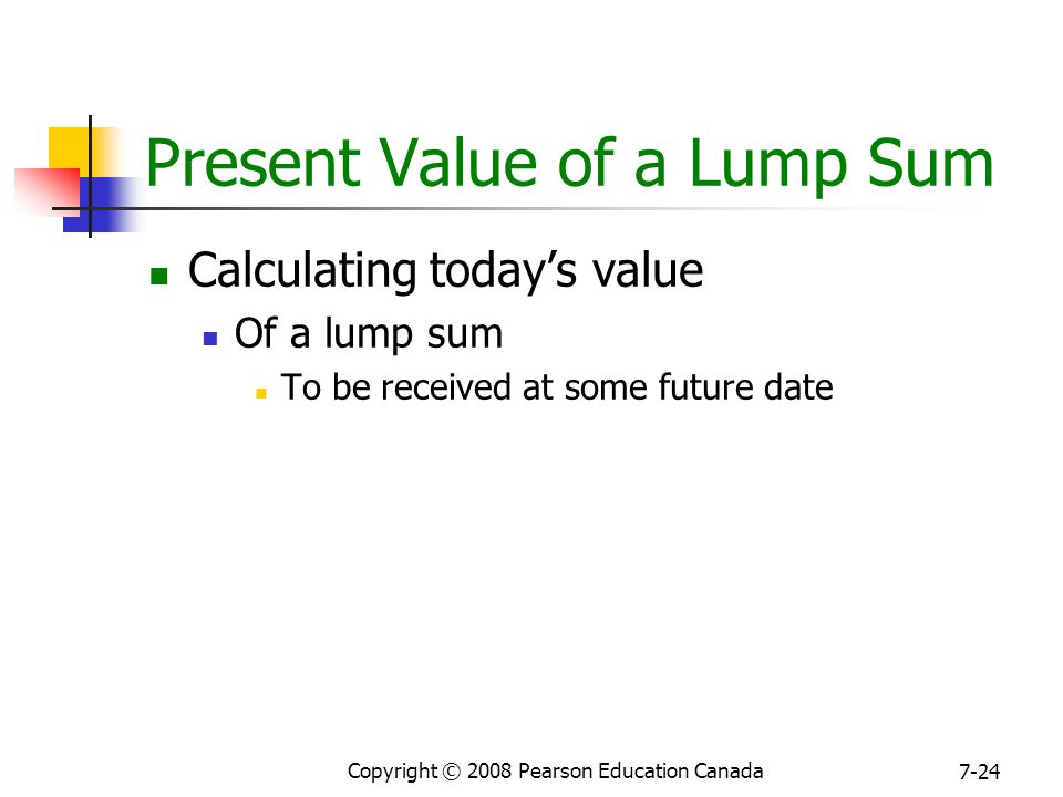 Copyright © 2008 Pearson Education Canada 7-24 Present Value of a Lump Sum Calculating today’s value Of a lump sum To be received at some future date