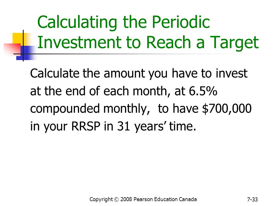 Copyright © 2008 Pearson Education Canada 7-33 Calculating the Periodic Investment to Reach a Target Calculate the amount you have to invest at the end of each month, at 6.5% compounded monthly, to have $700,000 in your RRSP in 31 years’ time.