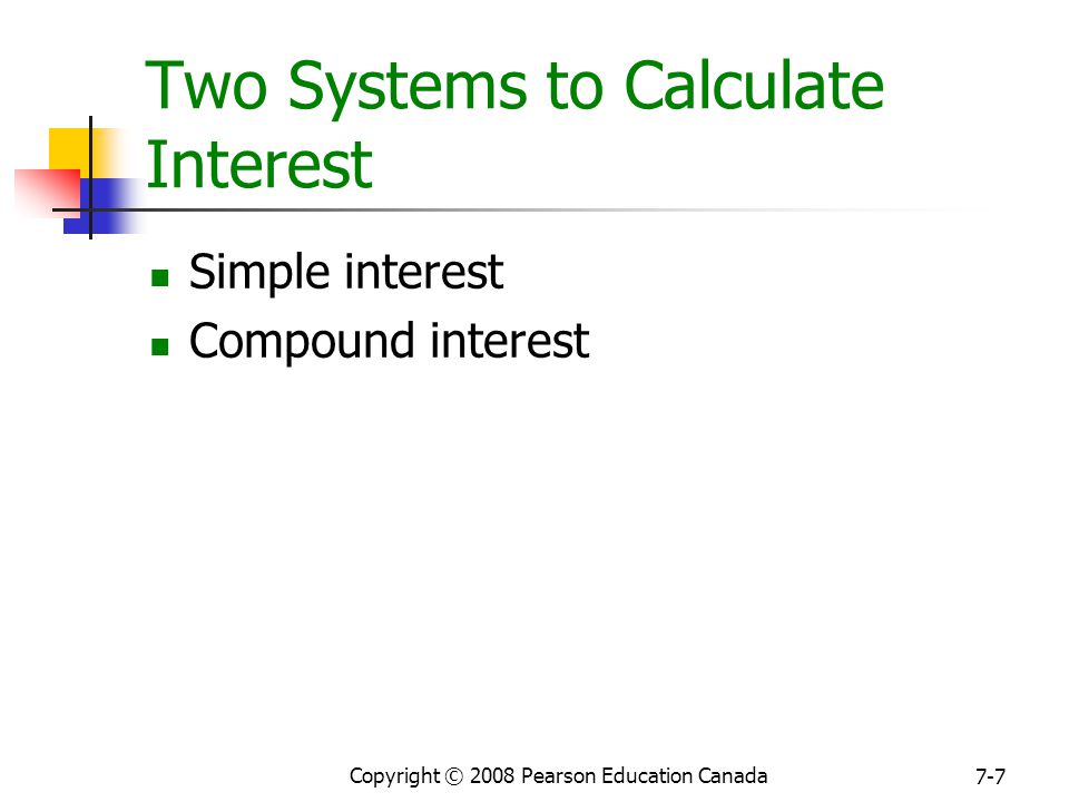 Copyright © 2008 Pearson Education Canada 7-7 Two Systems to Calculate Interest Simple interest Compound interest