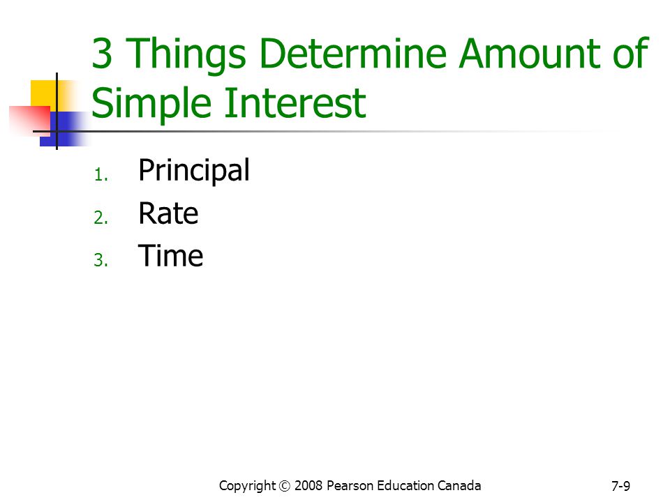 Copyright © 2008 Pearson Education Canada Things Determine Amount of Simple Interest 1.