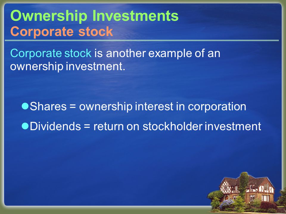 Ownership Investments Corporate stock is another example of an ownership investment.