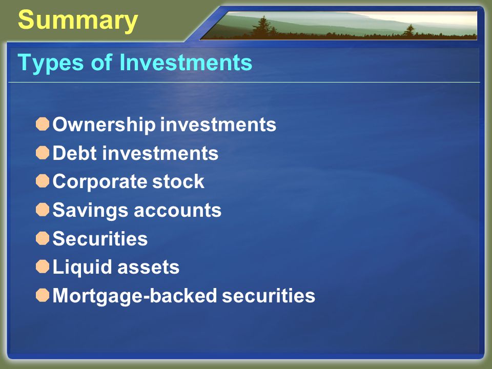 Summary Types of Investments  Ownership investments  Debt investments  Corporate stock  Savings accounts  Securities  Liquid assets  Mortgage-backed securities