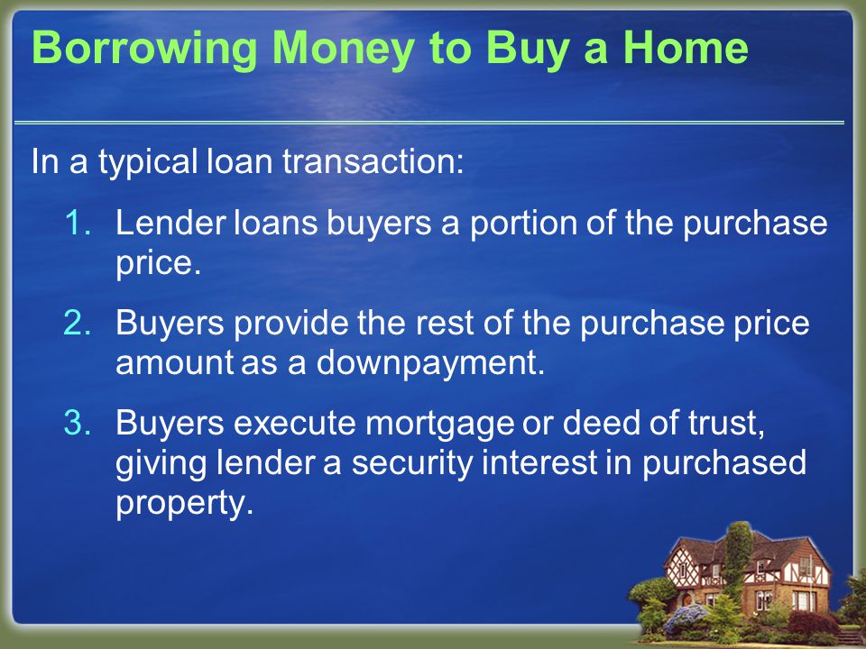 Borrowing Money to Buy a Home In a typical loan transaction: 1.Lender loans buyers a portion of the purchase price.