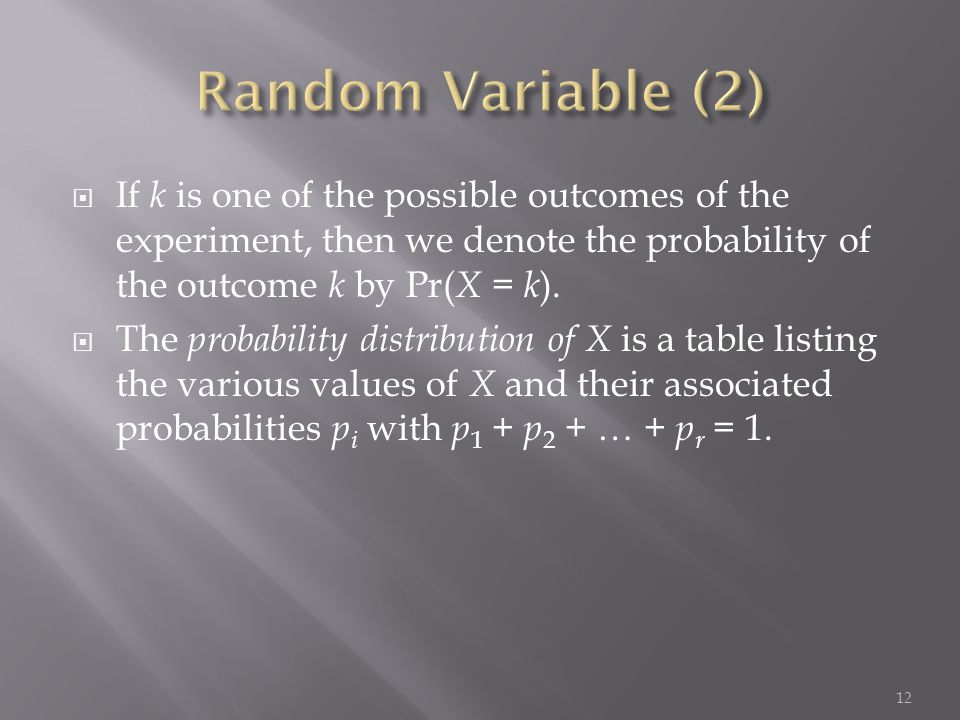  If k is one of the possible outcomes of the experiment, then we denote the probability of the outcome k by Pr( X = k ).