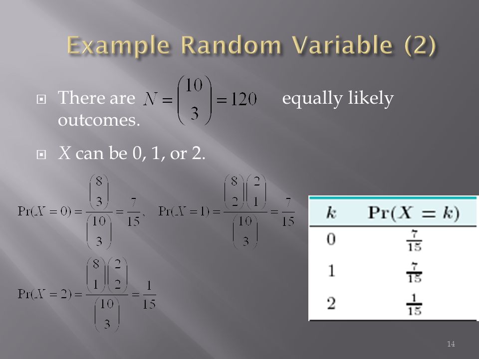  There are equally likely outcomes.  X can be 0, 1, or 2. 14