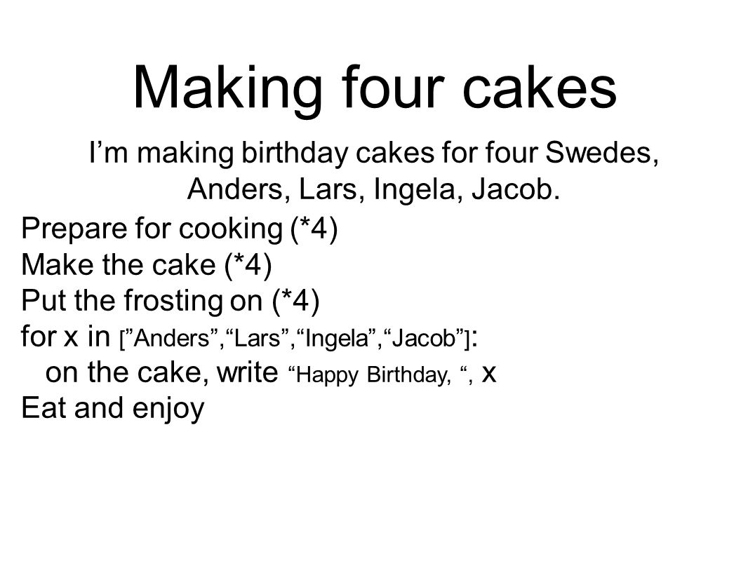 Making four cakes I’m making birthday cakes for four Swedes, Anders, Lars, Ingela, Jacob.