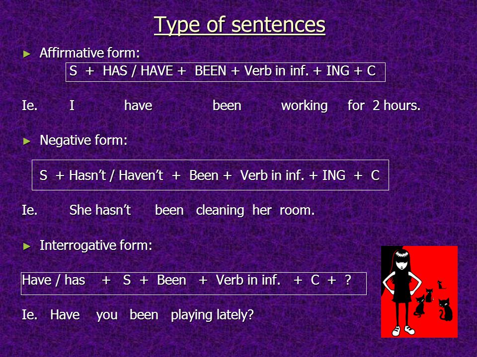 Type of sentences ► Affirmative form: S + HAS / HAVE + BEEN + Verb in inf.