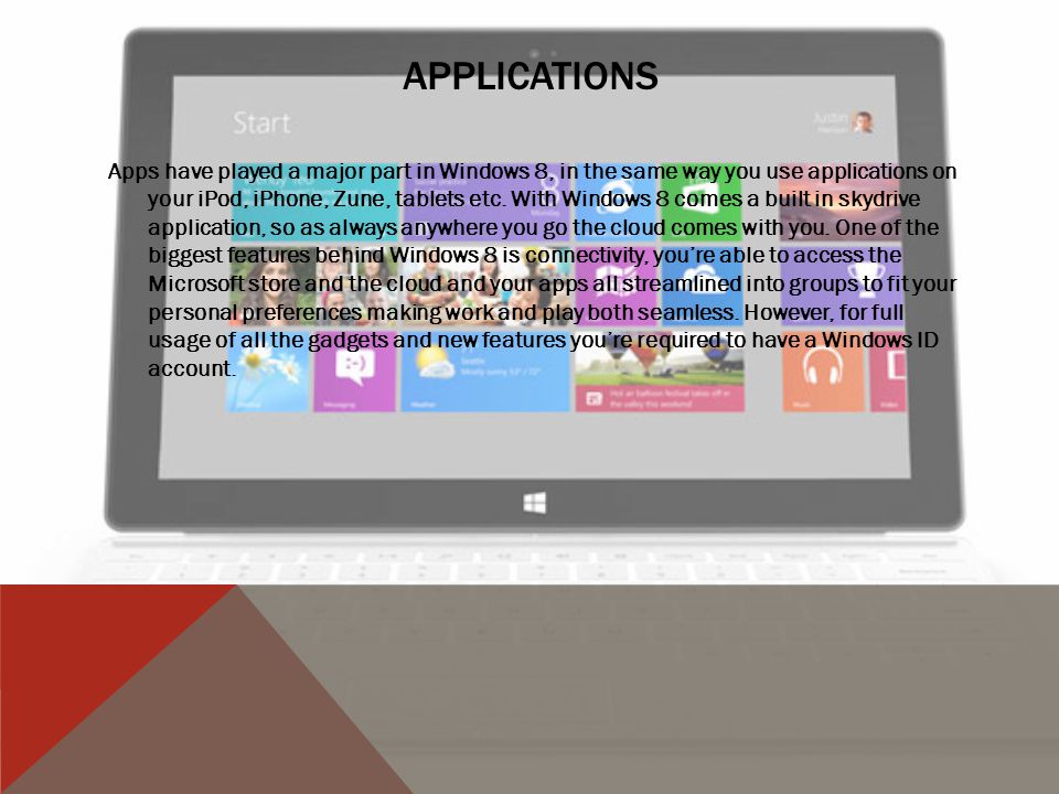 APPLICATIONS Apps have played a major part in Windows 8, in the same way you use applications on your iPod, iPhone, Zune, tablets etc.