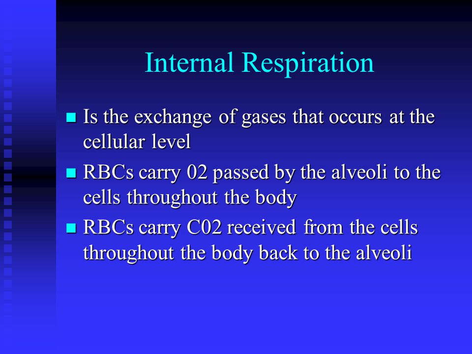 External Respiration Is the exchange of 02 and C02 between the alveoli and the capillaries Is the exchange of 02 and C02 between the alveoli and the capillaries The body takes in 02 during inspiration which travels down through the lungs to the alveoli The body takes in 02 during inspiration which travels down through the lungs to the alveoli 02 passes through the walls of the alveoli into the RBCs flowing through the capillaries 02 passes through the walls of the alveoli into the RBCs flowing through the capillaries RBCs pass C02 they received from the cells throughout the body into the alveoli RBCs pass C02 they received from the cells throughout the body into the alveoli C02 is passed out of the body during expiration C02 is passed out of the body during expiration