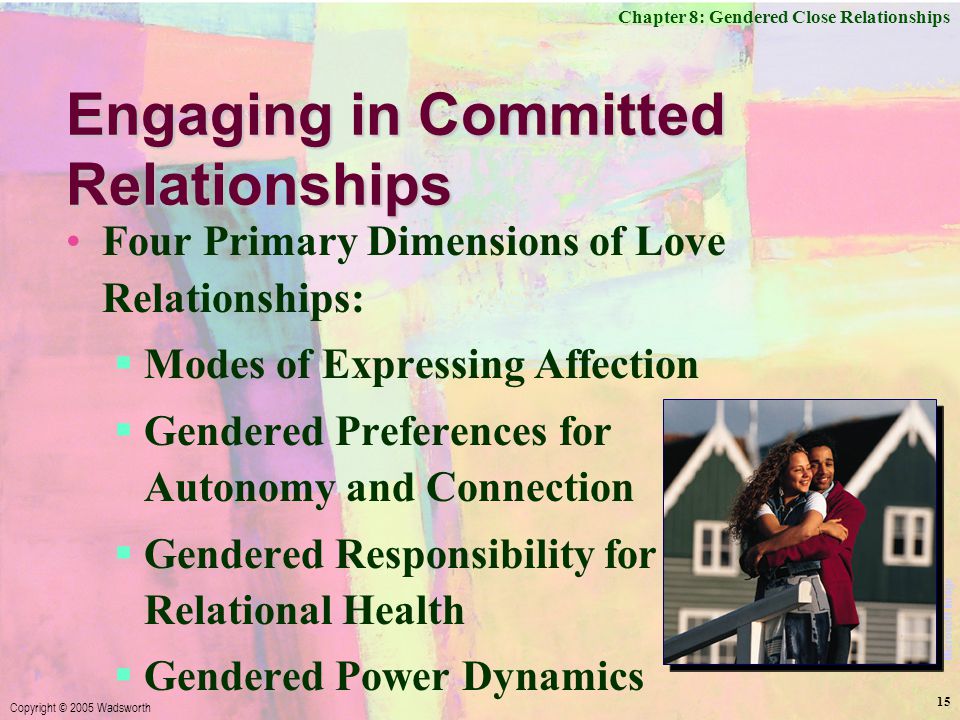 Chapter 8: Gendered Close Relationships Copyright © 2005 Wadsworth 15 Engaging in Committed Relationships Four Primary Dimensions of Love Relationships:  Modes of Expressing Affection  Gendered Preferences for Autonomy and Connection  Gendered Responsibility for Relational Health  Gendered Power Dynamics Microsoft Image
