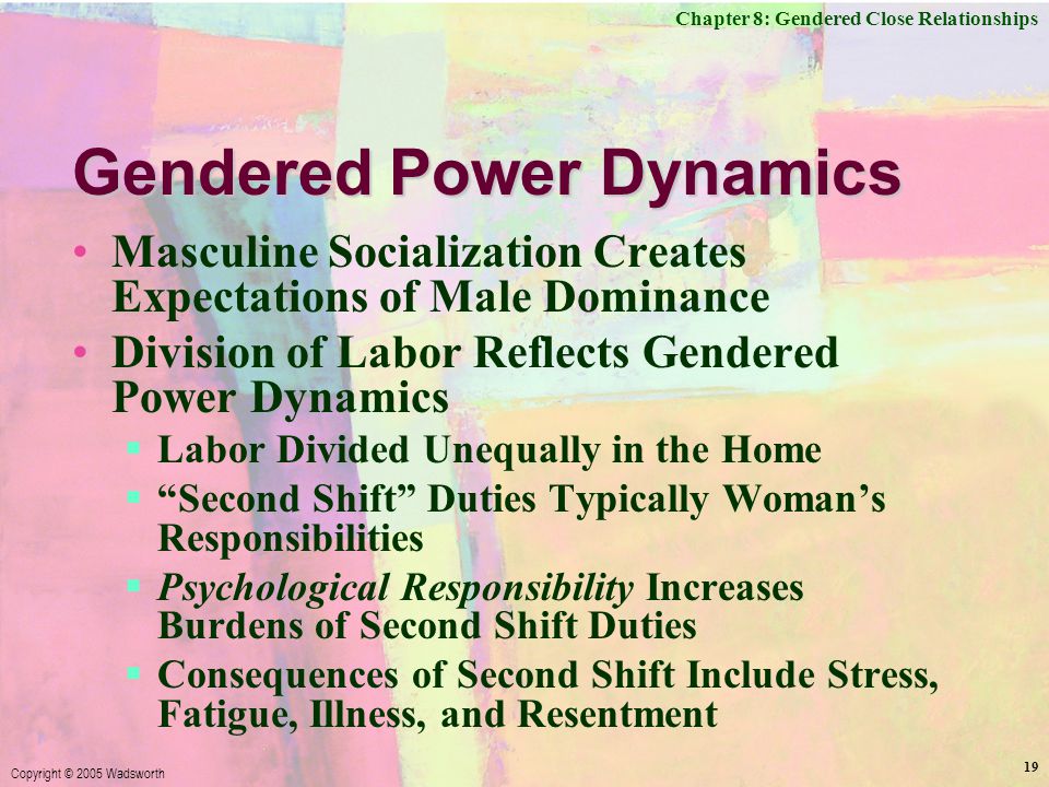 Chapter 8: Gendered Close Relationships Copyright © 2005 Wadsworth 19 Gendered Power Dynamics Masculine Socialization Creates Expectations of Male Dominance Division of Labor Reflects Gendered Power Dynamics  Labor Divided Unequally in the Home  Second Shift Duties Typically Woman’s Responsibilities  Psychological Responsibility Increases Burdens of Second Shift Duties  Consequences of Second Shift Include Stress, Fatigue, Illness, and Resentment