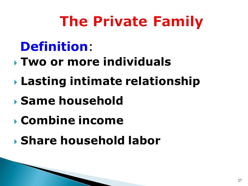 27 Definition:  Two or more individuals  Lasting intimate relationship  Same household  Combine income  Share household labor The Private Family