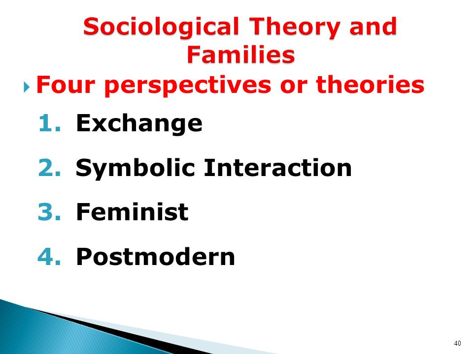 40 Sociological Theory and Families  Four perspectives or theories 1.Exchange 2.Symbolic Interaction 3.Feminist 4.Postmodern