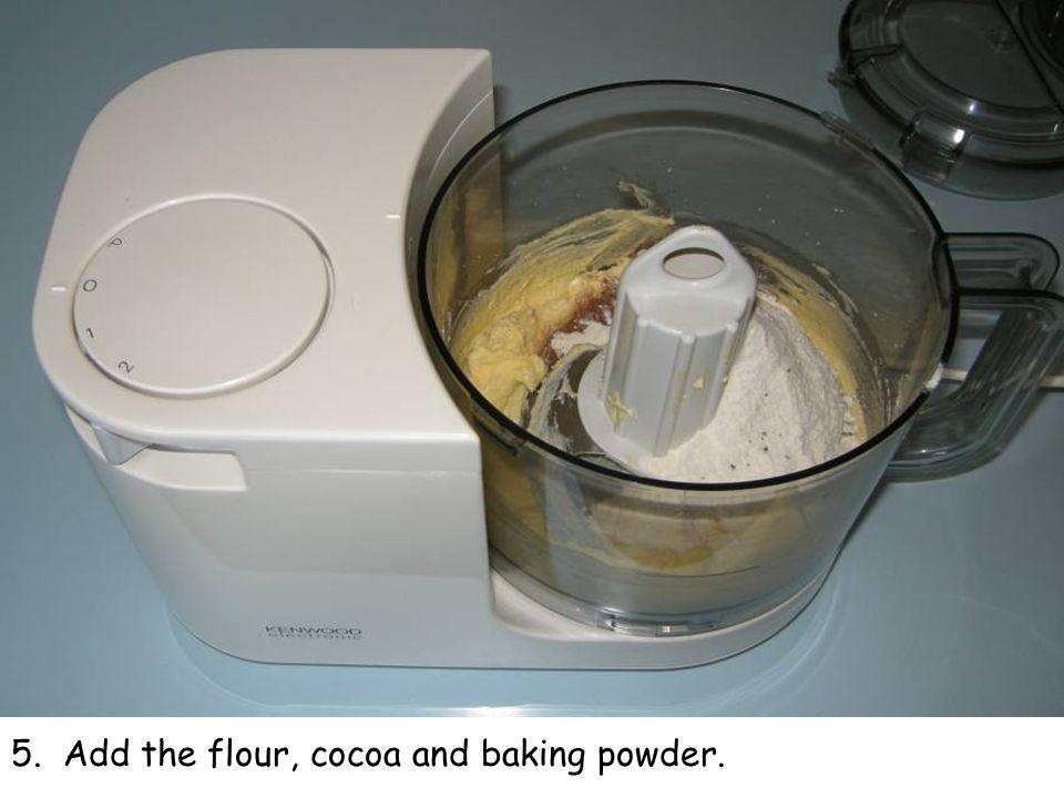 5. Add the flour, cocoa and baking powder.