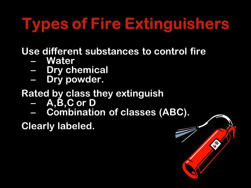 Types of Fire Extinguishers Use different substances to control fire –Water –Dry chemical –Dry powder.