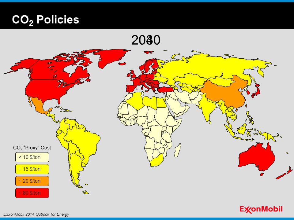 2030 ~ 60 $/ton CO 2 Proxy Cost 2040 ~ 20 $/ton ~ 15 $/ton ~ 80 $/ton < 10 $/ton CO 2 Proxy Cost CO 2 Policies ExxonMobil 2014 Outlook for Energy