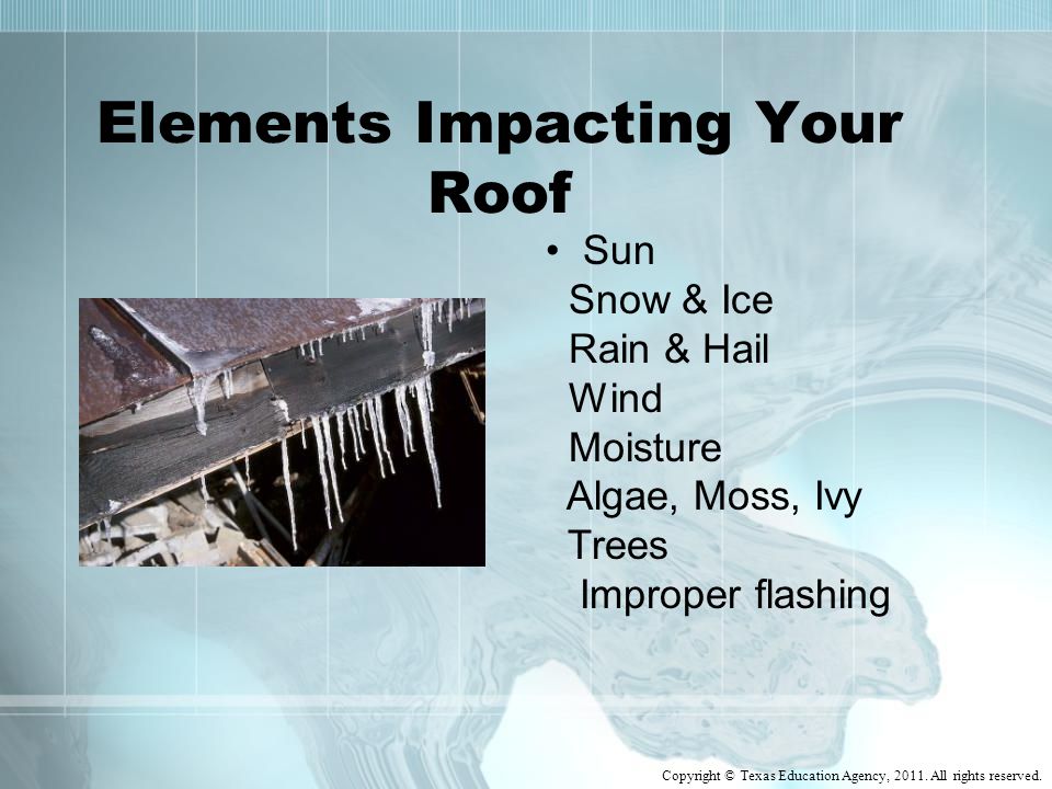 Elements Impacting Your Roof Sun Snow & Ice Rain & Hail Wind Moisture Algae, Moss, Ivy Trees Improper flashing Copyright © Texas Education Agency, 2011.