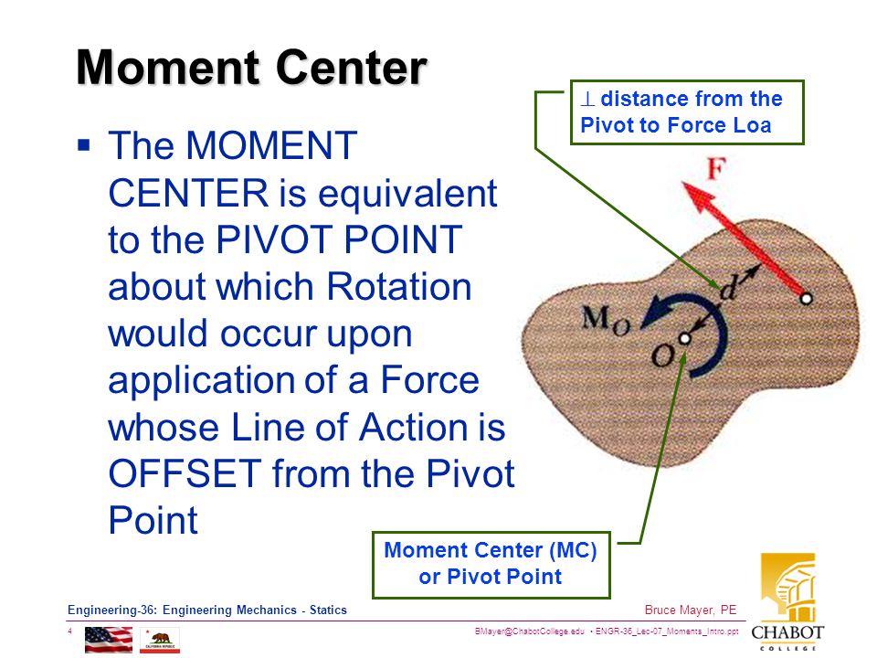 ENGR-36_Lec-07_Moments_Intro.ppt 4 Bruce Mayer, PE Engineering-36: Engineering Mechanics - Statics Moment Center  The MOMENT CENTER is equivalent to the PIVOT POINT about which Rotation would occur upon application of a Force whose Line of Action is OFFSET from the Pivot Point Moment Center (MC) or Pivot Point  distance from the Pivot to Force Loa
