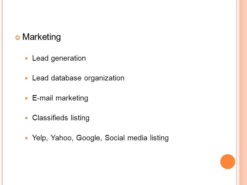 Marketing Lead generation Lead database organization  marketing Classifieds listing Yelp, Yahoo, Google, Social media listing