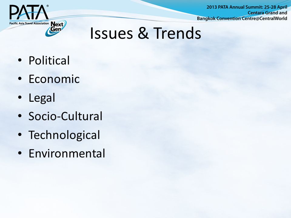 Issues & Trends Political Economic Legal Socio-Cultural Technological Environmental