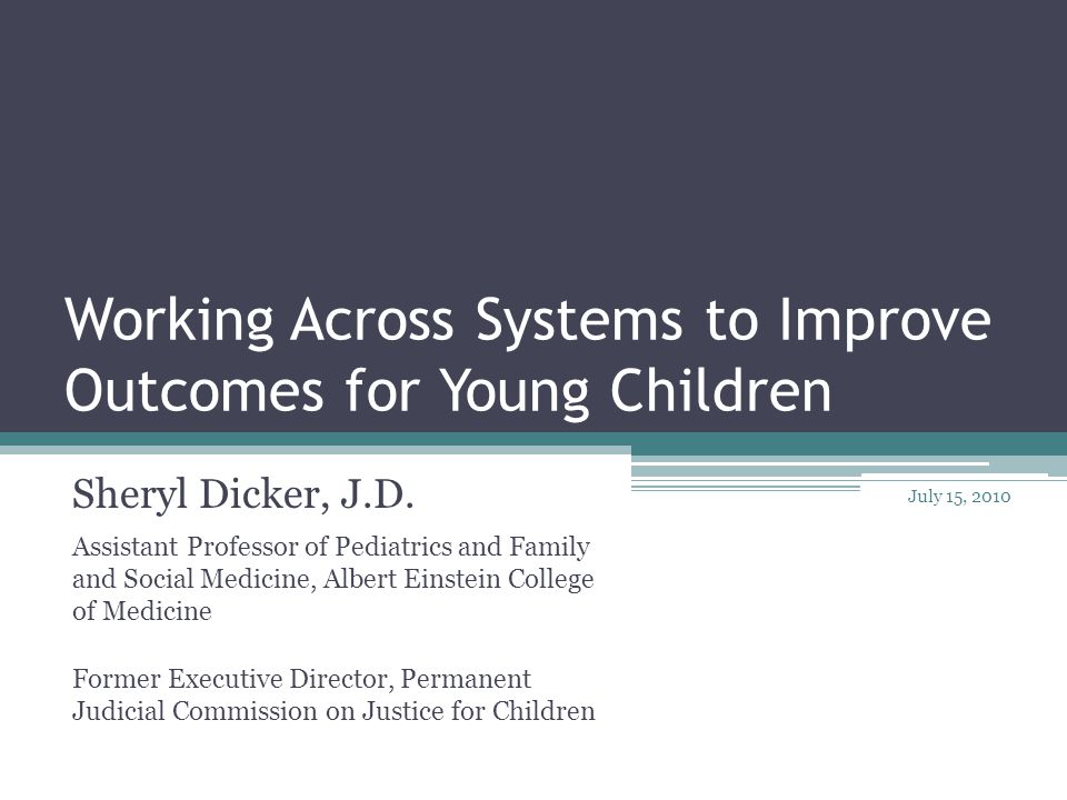 Working Across Systems to Improve Outcomes for Young Children Sheryl Dicker, J.D.