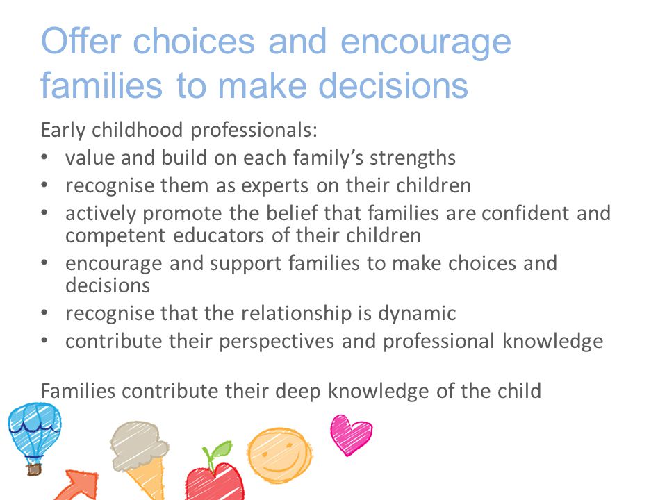 Offer choices and encourage families to make decisions Early childhood professionals: value and build on each family’s strengths recognise them as experts on their children actively promote the belief that families are confident and competent educators of their children encourage and support families to make choices and decisions recognise that the relationship is dynamic contribute their perspectives and professional knowledge Families contribute their deep knowledge of the child
