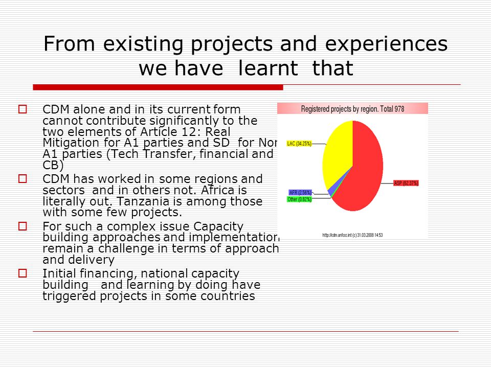 From existing projects and experiences we have learnt that  CDM alone and in its current form cannot contribute significantly to the two elements of Article 12: Real Mitigation for A1 parties and SD for Non A1 parties (Tech Transfer, financial and CB)  CDM has worked in some regions and sectors and in others not.