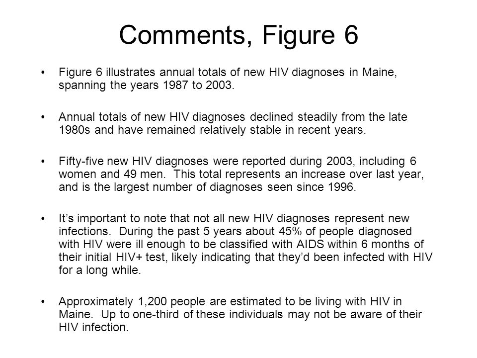 Comments, Figure 6 Figure 6 illustrates annual totals of new HIV diagnoses in Maine, spanning the years 1987 to 2003.