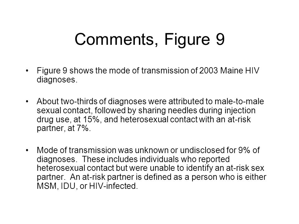 Comments, Figure 9 Figure 9 shows the mode of transmission of 2003 Maine HIV diagnoses.