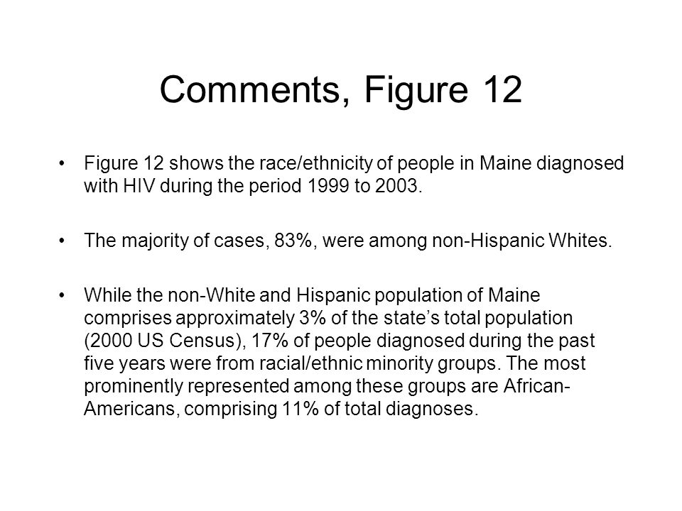 Comments, Figure 12 Figure 12 shows the race/ethnicity of people in Maine diagnosed with HIV during the period 1999 to 2003.