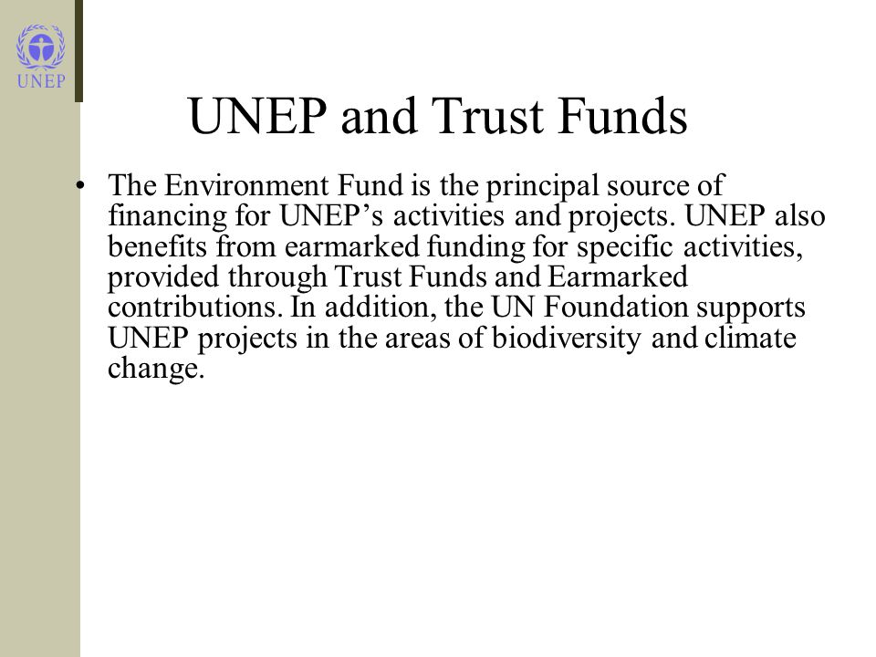UNEP and Trust Funds The Environment Fund is the principal source of financing for UNEP’s activities and projects.