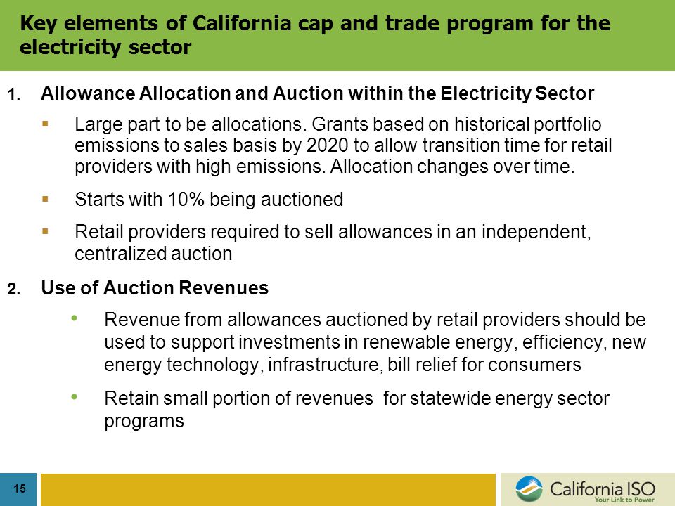 15 Key elements of California cap and trade program for the electricity sector 1.