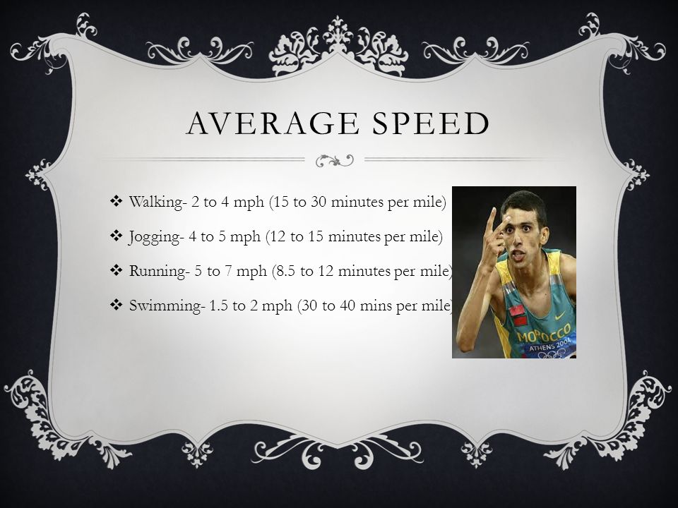 AVERAGE SPEED  Walking- 2 to 4 mph (15 to 30 minutes per mile)  Jogging- 4 to 5 mph (12 to 15 minutes per mile)  Running- 5 to 7 mph (8.5 to 12 minutes per mile)  Swimming- 1.5 to 2 mph (30 to 40 mins per mile)