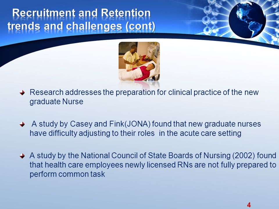 4 Research addresses the preparation for clinical practice of the new graduate Nurse A study by Casey and Fink(JONA) found that new graduate nurses have difficulty adjusting to their roles in the acute care setting A study by the National Council of State Boards of Nursing (2002) found that health care employees newly licensed RNs are not fully prepared to perform common task