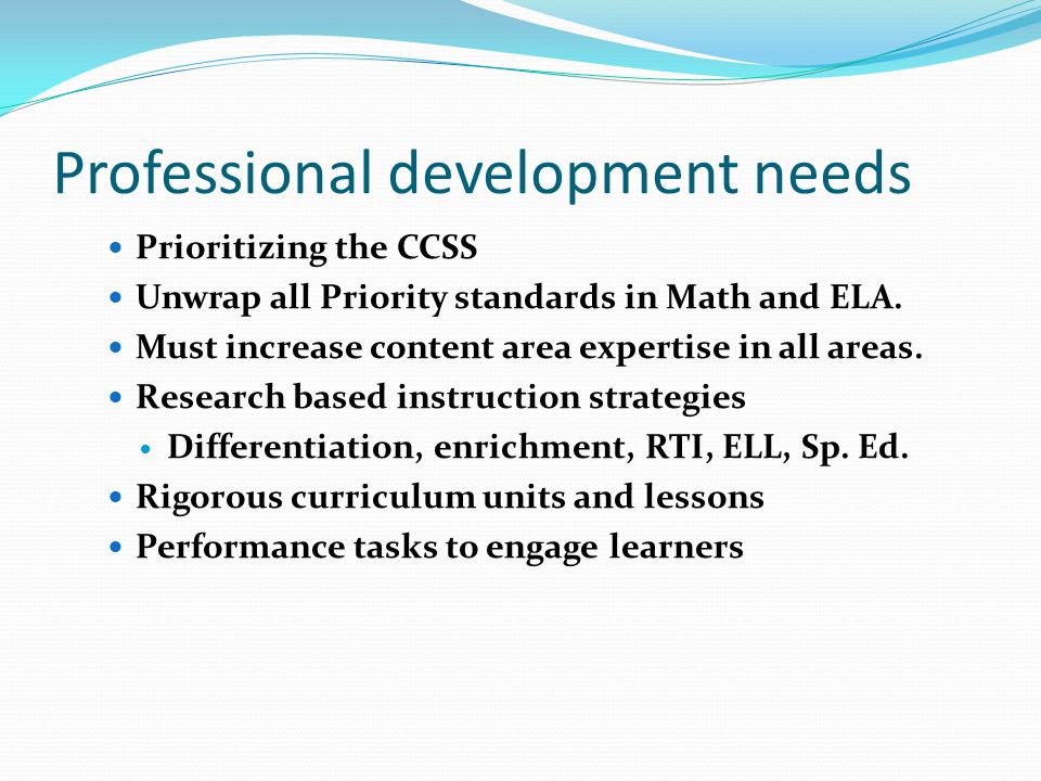 Professional development needs Prioritizing the CCSS Unwrap all Priority standards in Math and ELA.