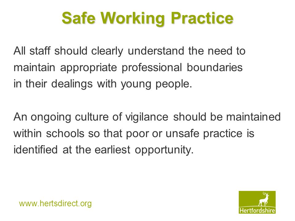 Safe Working Practice All staff should clearly understand the need to maintain appropriate professional boundaries in their dealings with young people.