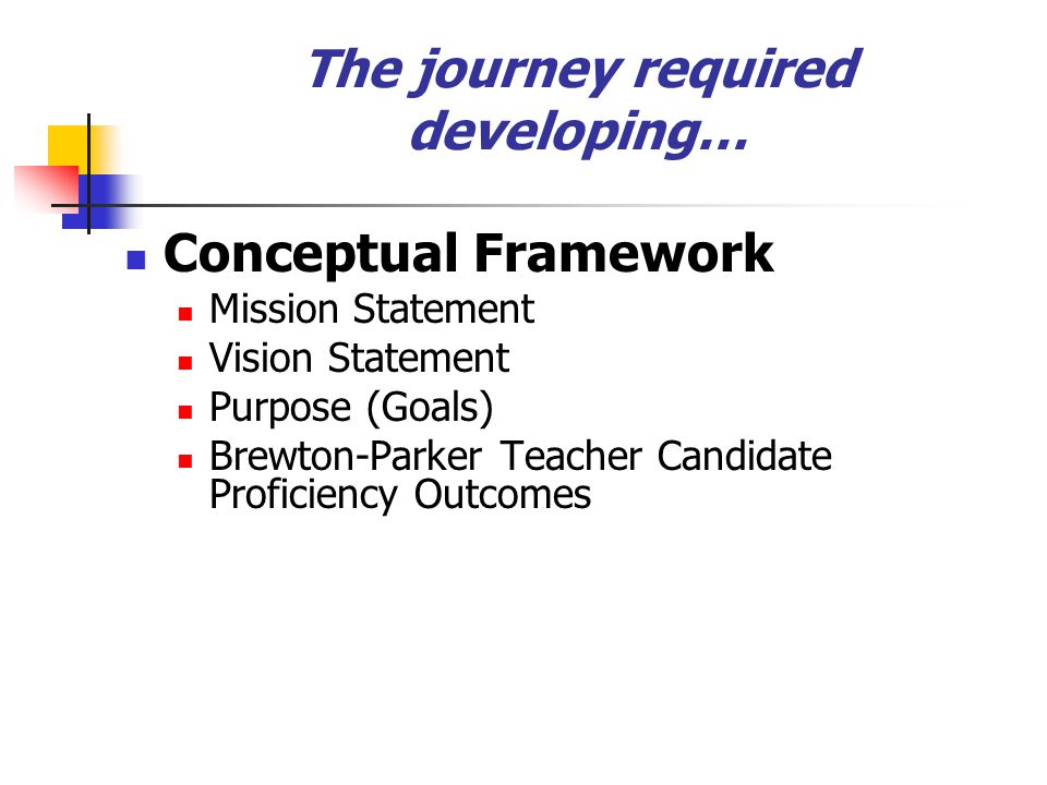 The journey required developing… Conceptual Framework Mission Statement Vision Statement Purpose (Goals) Brewton-Parker Teacher Candidate Proficiency Outcomes