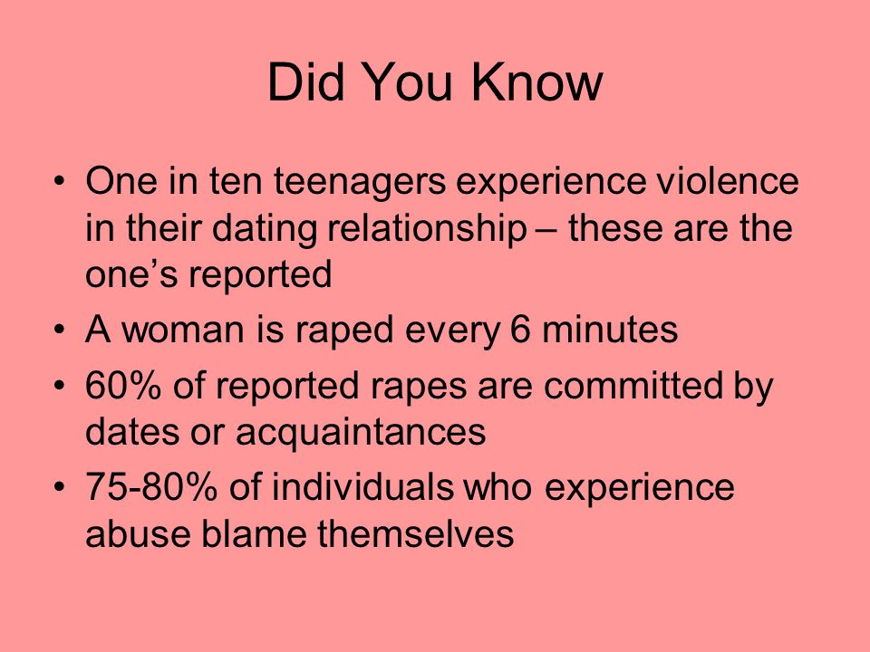 Did You Know One in ten teenagers experience violence in their dating relationship – these are the one’s reported A woman is raped every 6 minutes 60% of reported rapes are committed by dates or acquaintances 75-80% of individuals who experience abuse blame themselves
