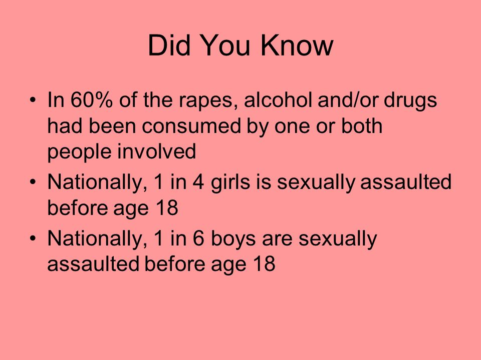 Did You Know In 60% of the rapes, alcohol and/or drugs had been consumed by one or both people involved Nationally, 1 in 4 girls is sexually assaulted before age 18 Nationally, 1 in 6 boys are sexually assaulted before age 18