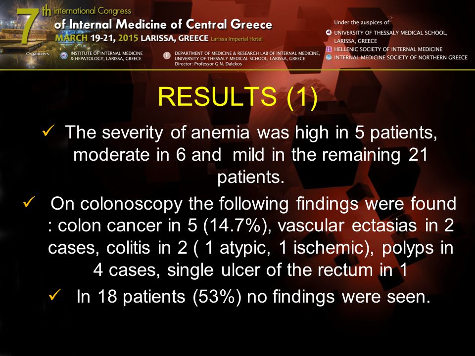 RESULTS (1) The severity of anemia was high in 5 patients, moderate in 6 and mild in the remaining 21 patients.