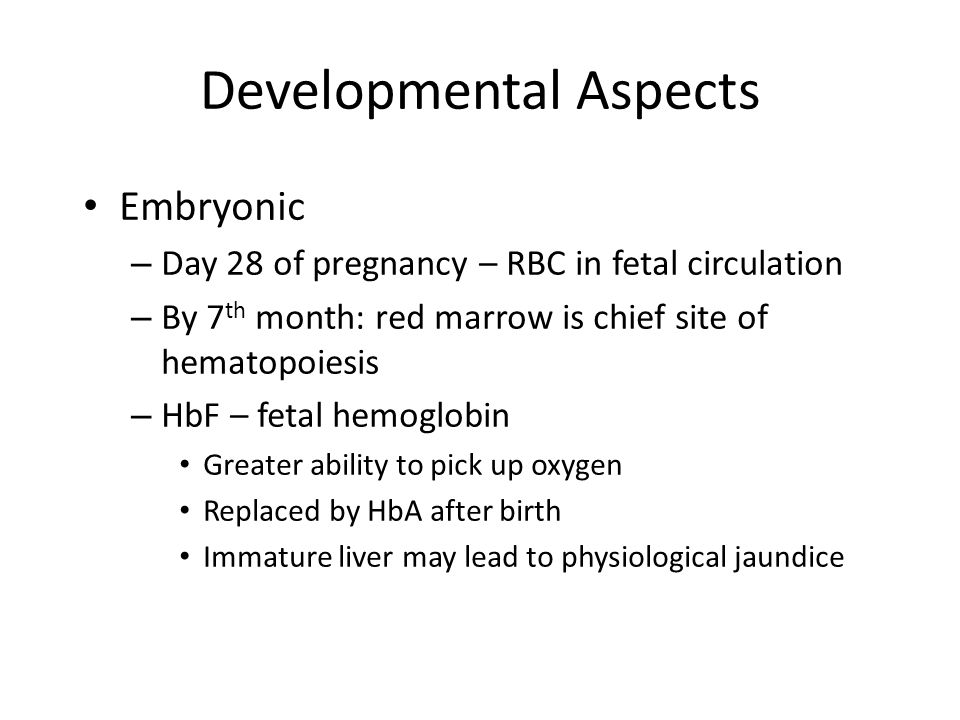 Developmental Aspects Embryonic – Day 28 of pregnancy – RBC in fetal circulation – By 7 th month: red marrow is chief site of hematopoiesis – HbF – fetal hemoglobin Greater ability to pick up oxygen Replaced by HbA after birth Immature liver may lead to physiological jaundice