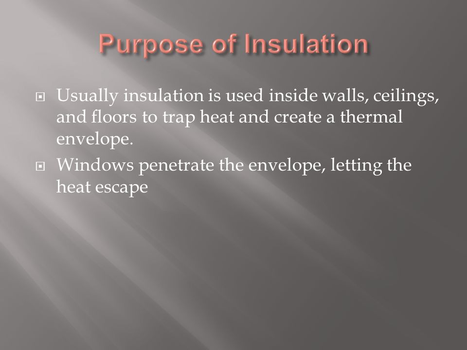  Usually insulation is used inside walls, ceilings, and floors to trap heat and create a thermal envelope.