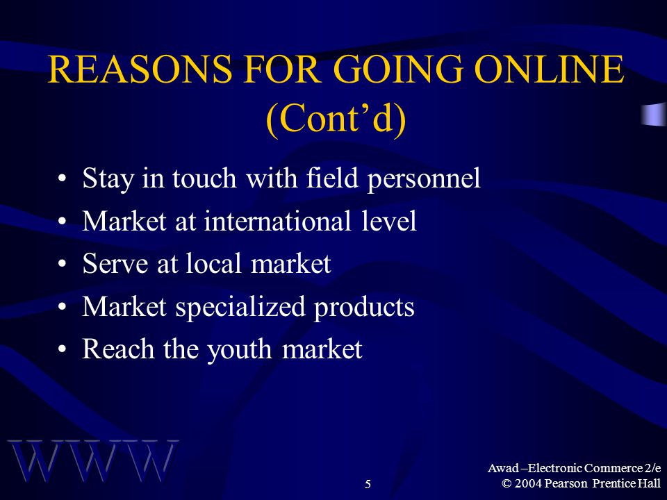 Awad –Electronic Commerce 2/e © 2004 Pearson Prentice Hall5 REASONS FOR GOING ONLINE (Cont’d) Stay in touch with field personnel Market at international level Serve at local market Market specialized products Reach the youth market